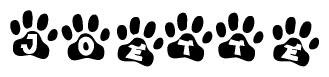 The image shows a row of animal paw prints, each containing a letter. The letters spell out the word Joette within the paw prints.