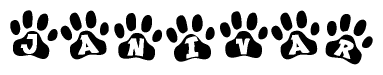 The image shows a row of animal paw prints, each containing a letter. The letters spell out the word Janivar within the paw prints.