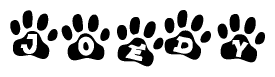 The image shows a row of animal paw prints, each containing a letter. The letters spell out the word Joedy within the paw prints.