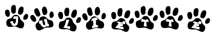 The image shows a series of animal paw prints arranged in a horizontal line. Each paw print contains a letter, and together they spell out the word Juliette.