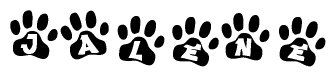 The image shows a series of animal paw prints arranged horizontally. Within each paw print, there's a letter; together they spell Jalene