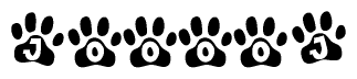 The image shows a row of animal paw prints, each containing a letter. The letters spell out the word Jooooj within the paw prints.