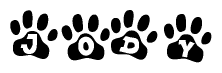 The image shows a series of animal paw prints arranged in a horizontal line. Each paw print contains a letter, and together they spell out the word Jody.