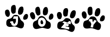The image shows a row of animal paw prints, each containing a letter. The letters spell out the word Joey within the paw prints.