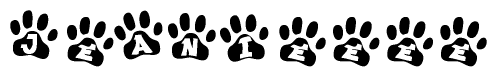 The image shows a series of animal paw prints arranged in a horizontal line. Each paw print contains a letter, and together they spell out the word Jeanieeee.