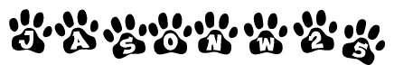 The image shows a series of animal paw prints arranged in a horizontal line. Each paw print contains a letter, and together they spell out the word Jasonw25.