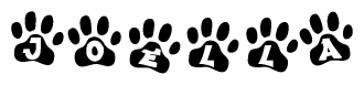 The image shows a series of animal paw prints arranged horizontally. Within each paw print, there's a letter; together they spell Joella