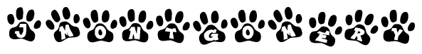 The image shows a series of animal paw prints arranged in a horizontal line. Each paw print contains a letter, and together they spell out the word Jmontgomery.