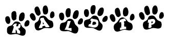 The image shows a series of animal paw prints arranged horizontally. Within each paw print, there's a letter; together they spell Kaldip