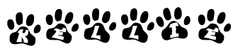 The image shows a row of animal paw prints, each containing a letter. The letters spell out the word Kellie within the paw prints.
