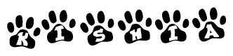 The image shows a series of animal paw prints arranged horizontally. Within each paw print, there's a letter; together they spell Kishia