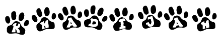 The image shows a series of animal paw prints arranged horizontally. Within each paw print, there's a letter; together they spell Khadijah