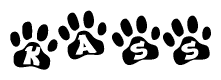 The image shows a series of animal paw prints arranged horizontally. Within each paw print, there's a letter; together they spell Kass