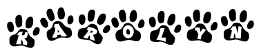 The image shows a series of animal paw prints arranged horizontally. Within each paw print, there's a letter; together they spell Karolyn