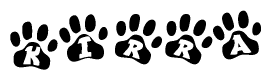 The image shows a series of animal paw prints arranged horizontally. Within each paw print, there's a letter; together they spell Kirra