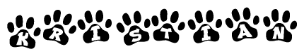 The image shows a row of animal paw prints, each containing a letter. The letters spell out the word Kristian within the paw prints.