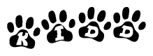 The image shows a series of animal paw prints arranged in a horizontal line. Each paw print contains a letter, and together they spell out the word Kidd.