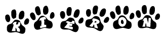 The image shows a series of animal paw prints arranged horizontally. Within each paw print, there's a letter; together they spell Kieron