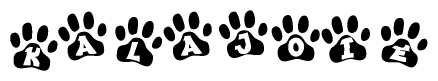The image shows a row of animal paw prints, each containing a letter. The letters spell out the word Kalajoie within the paw prints.