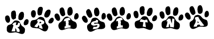 The image shows a series of animal paw prints arranged horizontally. Within each paw print, there's a letter; together they spell Krisitna