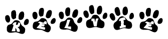 The image shows a row of animal paw prints, each containing a letter. The letters spell out the word Kelvie within the paw prints.