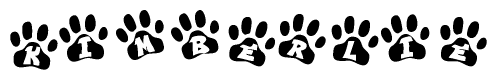 The image shows a series of animal paw prints arranged in a horizontal line. Each paw print contains a letter, and together they spell out the word Kimberlie.