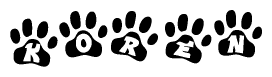 The image shows a row of animal paw prints, each containing a letter. The letters spell out the word Koren within the paw prints.