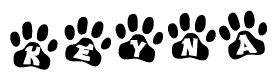 The image shows a series of animal paw prints arranged horizontally. Within each paw print, there's a letter; together they spell Keyna