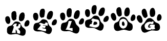 The image shows a row of animal paw prints, each containing a letter. The letters spell out the word Keldog within the paw prints.