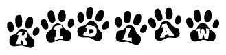 The image shows a row of animal paw prints, each containing a letter. The letters spell out the word Kidlaw within the paw prints.