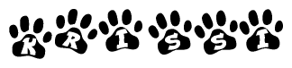 The image shows a series of animal paw prints arranged in a horizontal line. Each paw print contains a letter, and together they spell out the word Krissi.