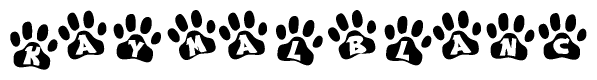 The image shows a series of animal paw prints arranged horizontally. Within each paw print, there's a letter; together they spell Kaymalblanc