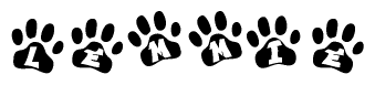 The image shows a series of animal paw prints arranged in a horizontal line. Each paw print contains a letter, and together they spell out the word Lemmie.