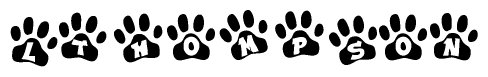 The image shows a row of animal paw prints, each containing a letter. The letters spell out the word Lthompson within the paw prints.
