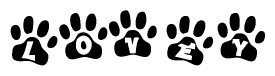 The image shows a series of animal paw prints arranged in a horizontal line. Each paw print contains a letter, and together they spell out the word Lovey.