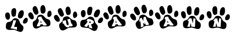 The image shows a series of animal paw prints arranged horizontally. Within each paw print, there's a letter; together they spell Lauramann