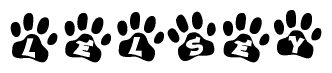 The image shows a series of animal paw prints arranged in a horizontal line. Each paw print contains a letter, and together they spell out the word Lelsey.