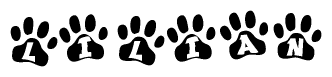 The image shows a series of animal paw prints arranged in a horizontal line. Each paw print contains a letter, and together they spell out the word Lilian.