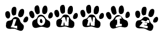 The image shows a row of animal paw prints, each containing a letter. The letters spell out the word Lonnie within the paw prints.