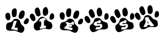 The image shows a row of animal paw prints, each containing a letter. The letters spell out the word Liessa within the paw prints.