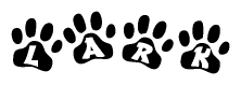 The image shows a series of animal paw prints arranged in a horizontal line. Each paw print contains a letter, and together they spell out the word Lark.