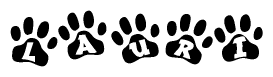 The image shows a row of animal paw prints, each containing a letter. The letters spell out the word Lauri within the paw prints.