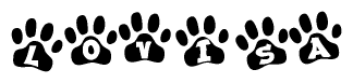 The image shows a series of animal paw prints arranged horizontally. Within each paw print, there's a letter; together they spell Lovisa
