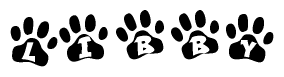 The image shows a row of animal paw prints, each containing a letter. The letters spell out the word Libby within the paw prints.