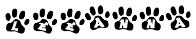 The image shows a row of animal paw prints, each containing a letter. The letters spell out the word Leeanna within the paw prints.