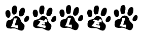 The image shows a series of animal paw prints arranged in a horizontal line. Each paw print contains a letter, and together they spell out the word Lelel.