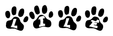 The image shows a series of animal paw prints arranged horizontally. Within each paw print, there's a letter; together they spell Lile