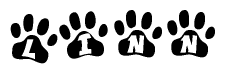 The image shows a row of animal paw prints, each containing a letter. The letters spell out the word Linn within the paw prints.