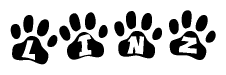 The image shows a series of animal paw prints arranged horizontally. Within each paw print, there's a letter; together they spell Linz