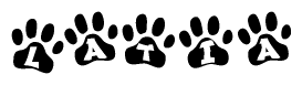 The image shows a series of animal paw prints arranged horizontally. Within each paw print, there's a letter; together they spell Latia